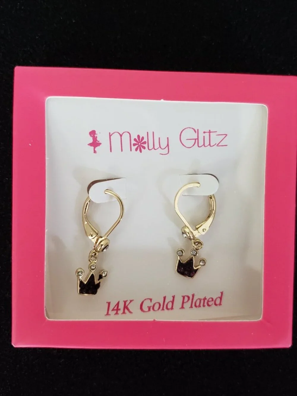 Molly Glitz Girls Glitz Girls' 14k Gold Crystal Crown Lever-Back Earrings